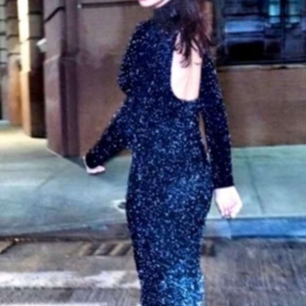 ZARA OPEN-BACK KNIT TINSEL DRESS BLACK SIZE M